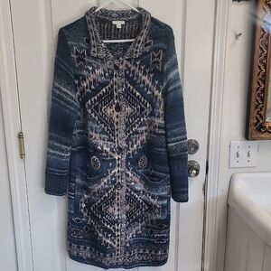 J. Jill Blue and Beige Geometric Long Cardigan Size M